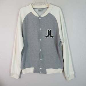 WESC Balker Varsity Baseball Letterman Jacket L Gray Cream Cotton Snap Pockets